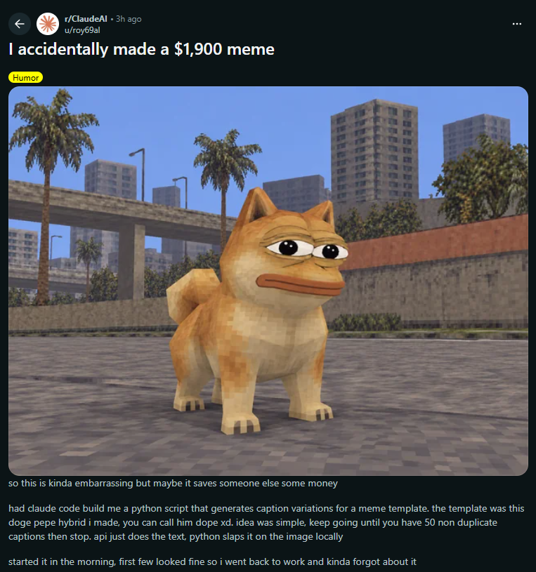 The original post titled I accidentally made a $1,900 meme, showing Doge Pepe in a low-poly city
